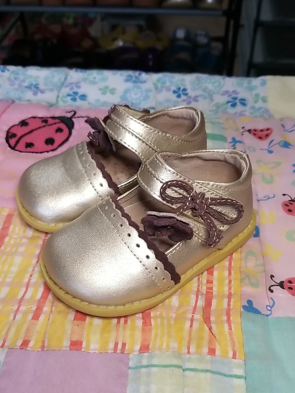 Livie & Luca Metallic Gold Mary Janes with Brown Flower Accents Size 4 Merry Bel